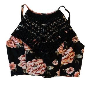 Women's Black/Pink Floral Printed Cropped Top.
High Neck With Crochet Knit.